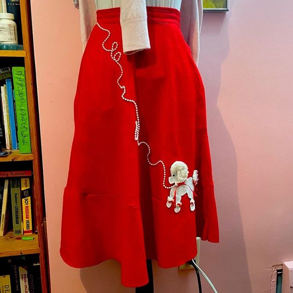 Vintage Dresses & Skirts - Authentic Vintage Hand Made 1950s Felt Poodle Circle Skirt w Pearl Leash & Bows